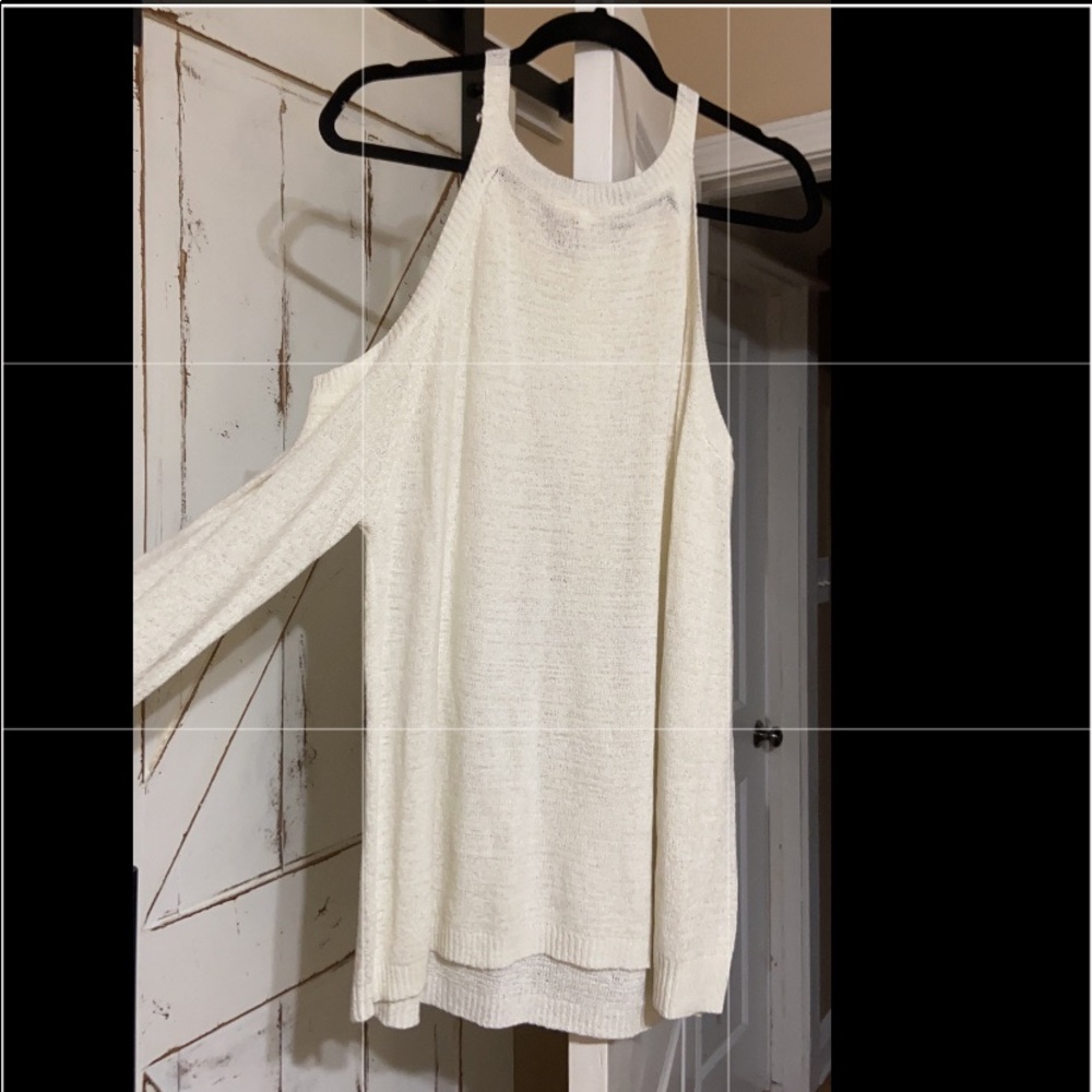 White shoulder-less sweater
